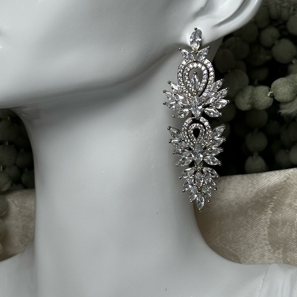 Silver Chandelier Earrings with Crystal Accents Dangle Drop Wedding PAGENT 4134 - Picture 10 of 11